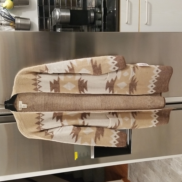 💕JESSICA SIMPSON💕 Open Front Long Cardigan ~ Brown Aztec Print Large L NWT - Picture 1 of 10